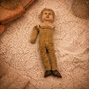 Antique 10" Minerva Tin Head Cloth Boy Doll – Made in Germany – Hand-Sewn -Rare